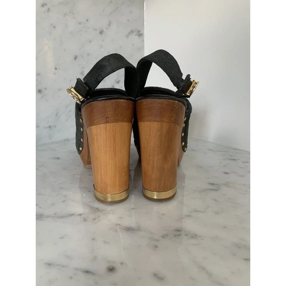 Tory Burch Blue Suede Sz 8 Logo Studded Slingback Wooden Heels Clogs - Picture 3 of 8